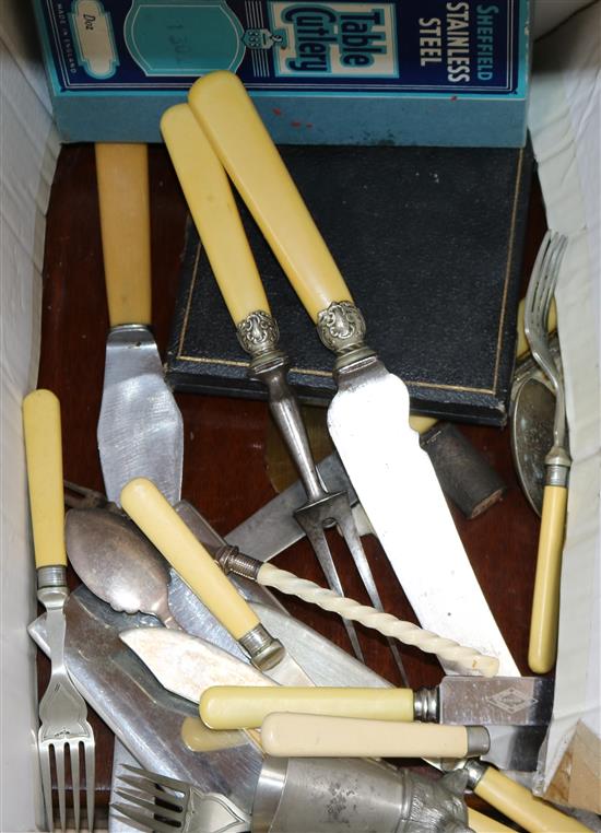 A quantity of plated wares including cutlery and a cased set of dessert eaters